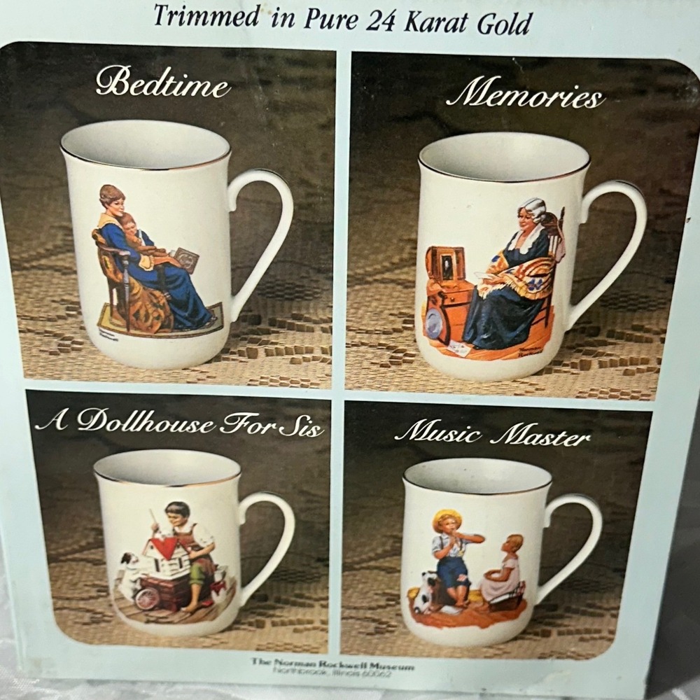 Vintage Norman Rockwell Memories Collector's Mug Set Excellent 24K Gold Trim 4pc